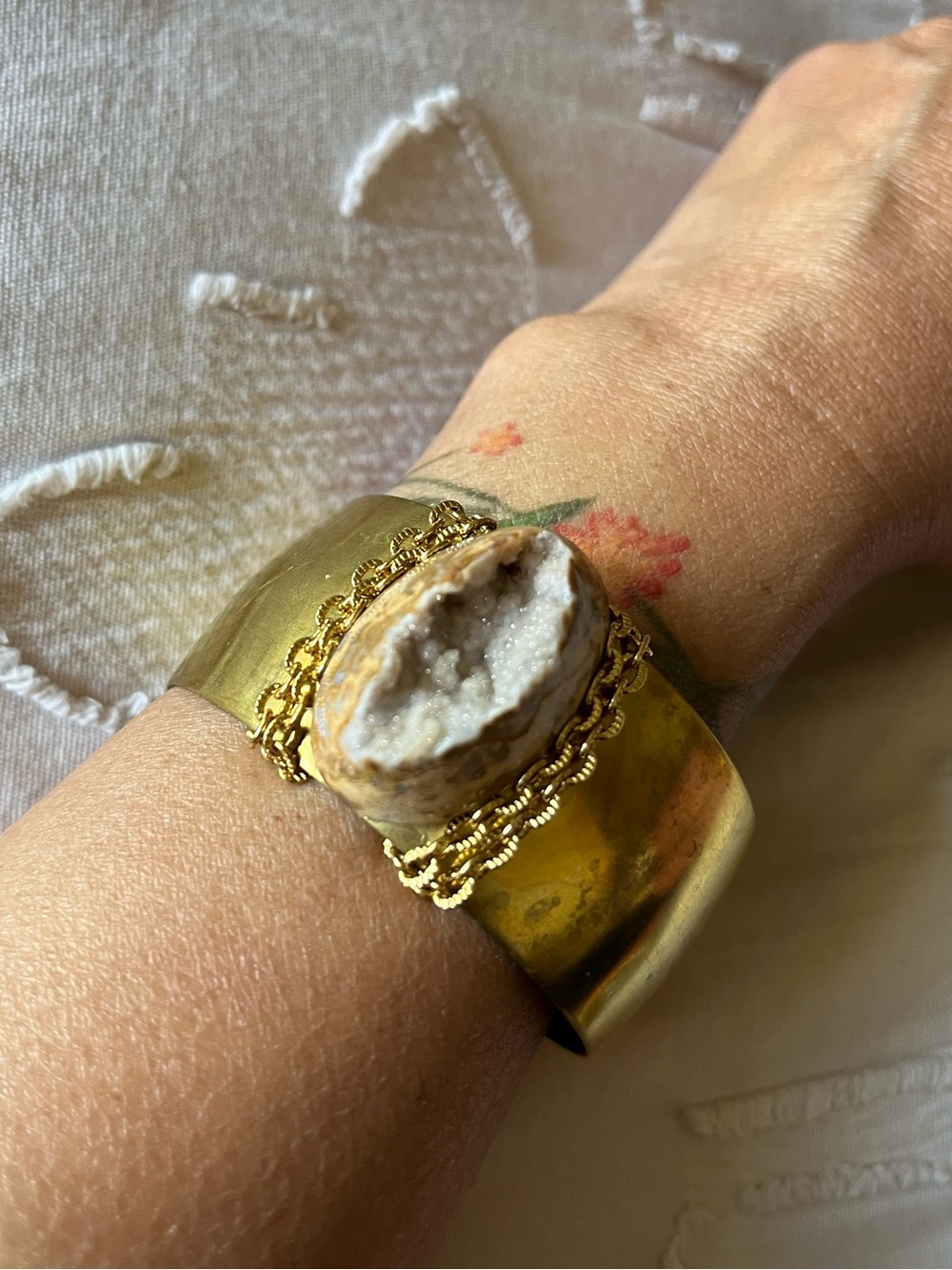 Hand Crafted Tan Gray Stone Wire-Wrapped Bracelet with Gold Chain